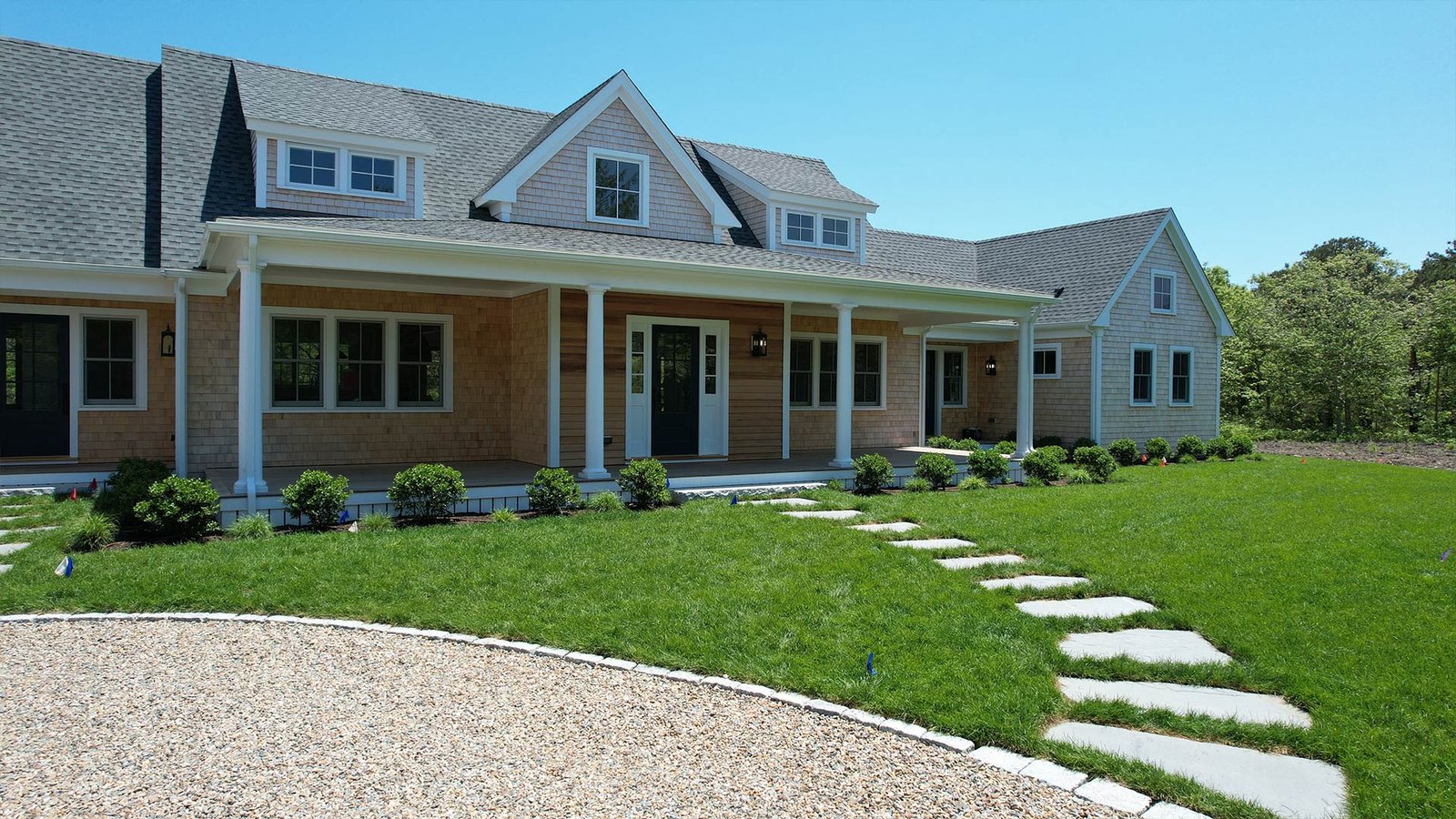 Bluestone stepping stone path across lawn, aerial view West Tisbury estate Martha's Vineyard